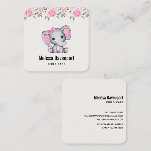 Kute roze Baby Elephant and Roos Border Vierkante Visitekaartje (Voorkant / Achterkant)