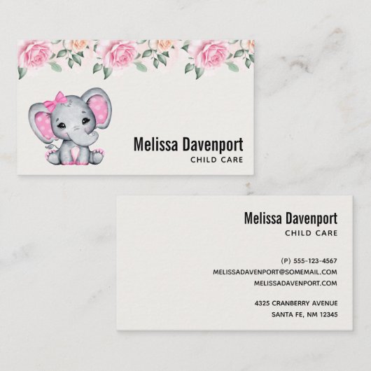 Kute roze Baby Elephant and Roos Border Visitekaartje (Voorkant / Achterkant)