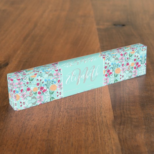 Kute roze & Blue Small Floral Mint Design Naambordje (Zijkant)
