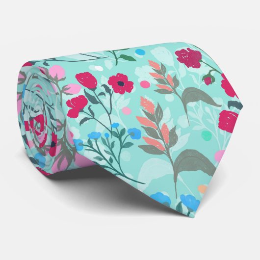 Kute roze & Blue Small Floral Mint Design Stropdas (Opgerold)