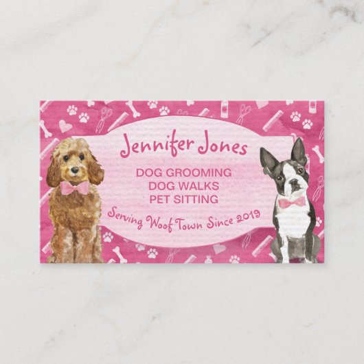 Kute roze Botten en hond Grooming Pet Visitekaartje (Voorkant)