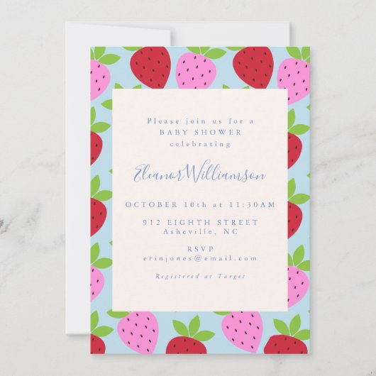 Kute roze en blauwe aardbeivruchten Baby shower Kaart (Voorkant)