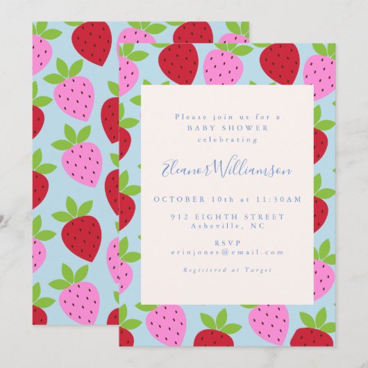 Kute roze en blauwe aardbeivruchten Baby shower Kaart (Voorkant / Achterkant)