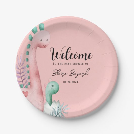 Kute roze en Blauwgroen dinosauriërs Baby shower Papieren Bordje (Voorkant)