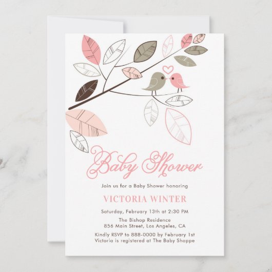 Kute roze en grijze vogels Botanisch Baby shower Kaart (Voorkant)