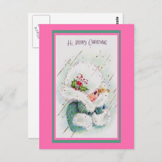 Kute roze en groene kerstgroeten briefkaart (Voorkant / Achterkant)
