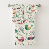 Kute roze en groene vogels botanisch patroon bad handdoek (Insitu)