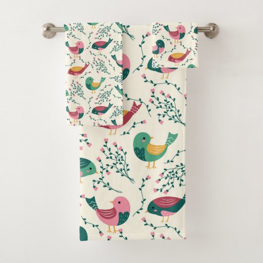 Kute roze en groene vogels botanisch patroon bad handdoek (Insitu)