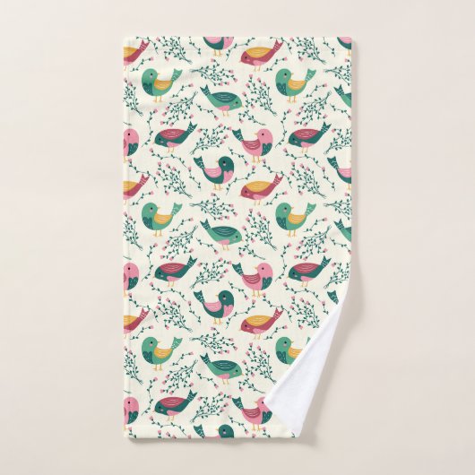 Kute roze en groene vogels botanisch patroon bad handdoek (Handdoek)