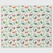 Kute roze en groene vogels botanisch patroon cadeaupapier (Vlak)