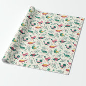 Kute roze en groene vogels botanisch patroon cadeaupapier (Uitgerold)