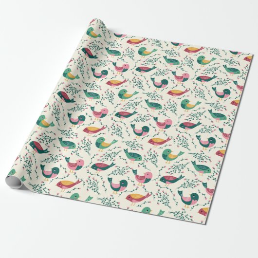 Kute roze en groene vogels botanisch patroon cadeaupapier (Uitgerold)