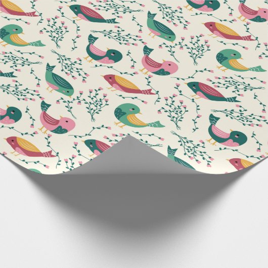 Kute roze en groene vogels botanisch patroon cadeaupapier (Hoek)