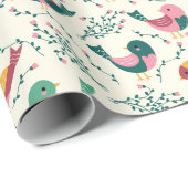 Kute roze en groene vogels botanisch patroon cadeaupapier (Rol Hoek)