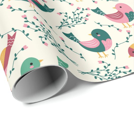 Kute roze en groene vogels botanisch patroon cadeaupapier (Rol Hoek)
