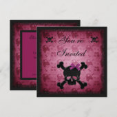 Kute roze en zwarte Gothische Skulls Birthday Invi Kaart (Voorkant / Achterkant)
