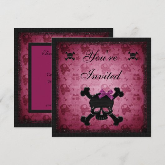 Kute roze en zwarte Gothische Skulls Birthday Invi Kaart (Voorkant / Achterkant)