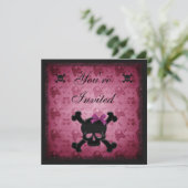 Kute roze en zwarte Gothische Skulls Birthday Invi Kaart (Staand voorkant)