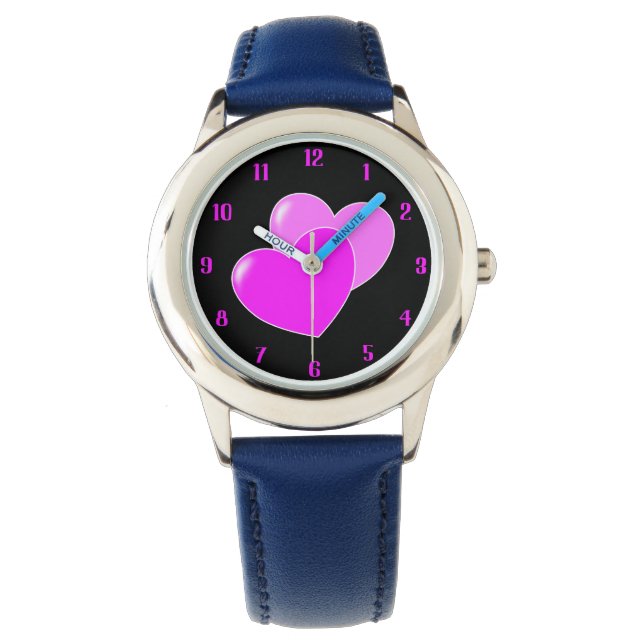 Kute roze harten op zwarte liefdevolle kinderen horloge (Voorkant)