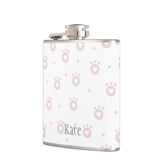 Kute roze kat poten met hart | Gepersonaliseerd Heupfles (Links)