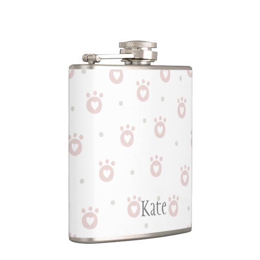 Kute roze kat poten met hart | Gepersonaliseerd Heupfles (Rechts)