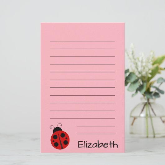Kute roze met zwarte tekst en ladybug briefpapier (Staand voorkant)