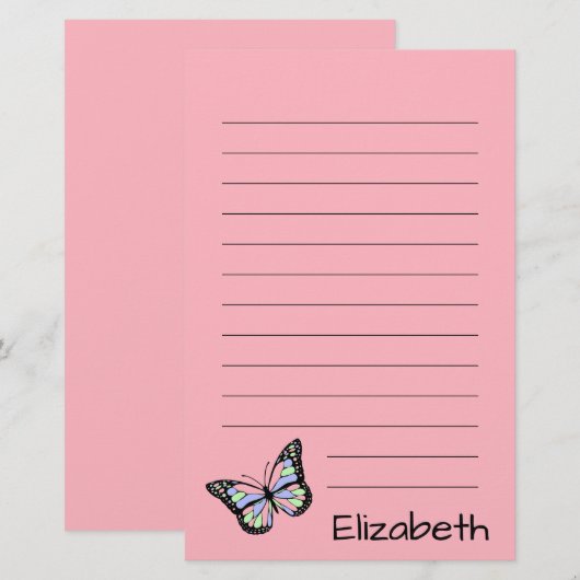 Kute roze met zwarte tekst en vlinder briefpapier (Voorkant / Achterkant)