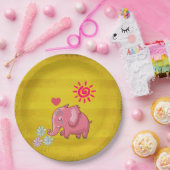 Kute roze olifant die de bloemen smelt met hart papieren bordje (Feest)