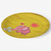 Kute roze olifant die de bloemen smelt met hart papieren bordje (Gekanteld)