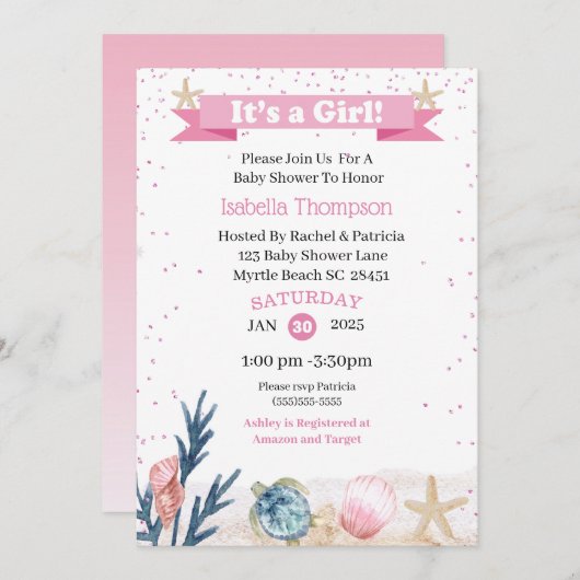 Kute roze onder de uitnodiging tot het Zee (Voorkant / Achterkant)