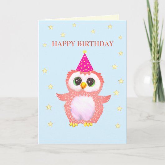 Kute roze Owl & Editable Birthday Wishes Kaart (Voorkant)