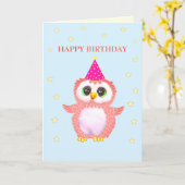 Kute roze Owl & Editable Birthday Wishes Kaart (Gele Bloem)