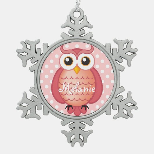 Kute Roze Owl met naam Tin Sneeuwvlok Ornament (Voorkant)
