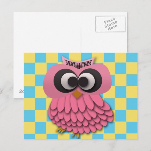 Kute roze Owl op Blauw en Geel Gecontroleerd Briefkaart (Voorkant / Achterkant)