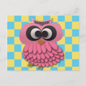 Kute roze Owl op Blauw en Geel Gecontroleerd Briefkaart (Voorkant)