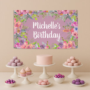 Kute roze Paarse Waterverf Floral Birthday Spandoek
