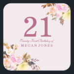 Kute  Roze Peach Flower 21st Birthday Party Vierkante Sticker<br><div class="desc">Kute  Roze Peach Flower 21st Birthday Party Square Sticker Beautiully Handbeschilderd waterverf floral design Floral Bouquet,  rustic flora Zie onze overeenkomende set boven Design met dank aan: https://www.etsy.com/shop/SmallHouseBigPony</div>