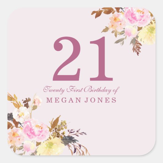 Kute Roze Peach Flower 21st Birthday Party Vierkante Sticker (Voorkant)