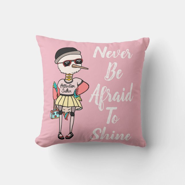 Kute roze Quirky Bird met Inspirerend Quote Kussen (Voorkant)