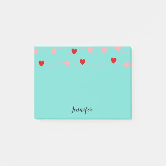 Kute roze rode harten op string gepersonaliseerd post-it® notes (Voorkant)