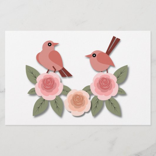 Kute roze Tortelduifjes en bloeiende Rozen Briefpapier (Voorkant)