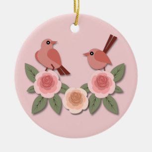 Kute roze Tortelduifjes en bloeiende Rozen Keramisch Ornament