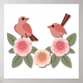 Kute roze Tortelduifjes en bloeiende Rozen Poster
