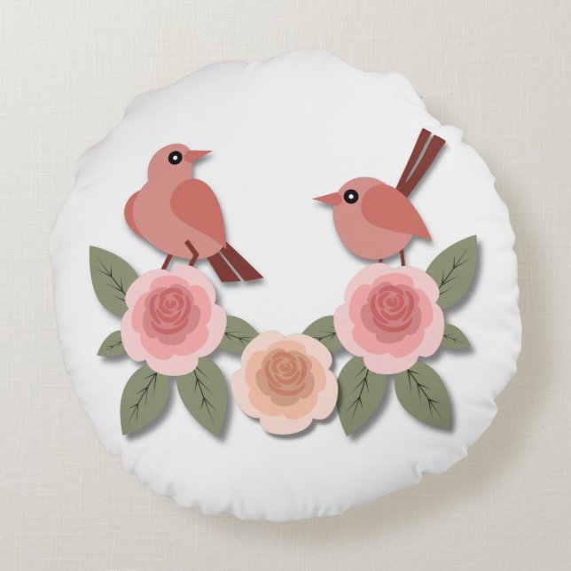 Kute roze Tortelduifjes en bloeiende Rozen Rond Kussen (Achterkant)