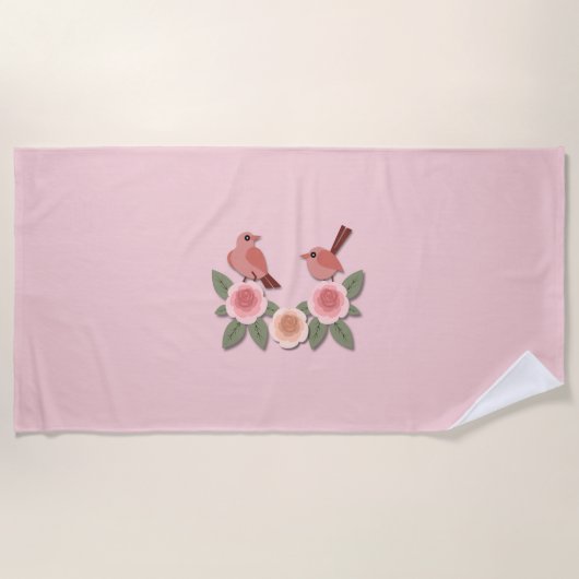 Kute roze Tortelduifjes en bloeiende Rozen Strandlaken (Voorkant)