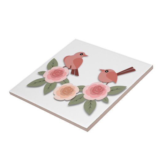 Kute roze Tortelduifjes en bloeiende Rozen Tegeltje (Zijkant)