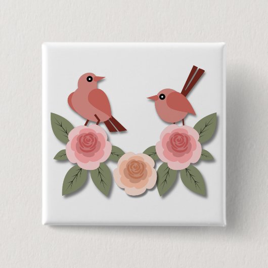 Kute roze Tortelduifjes en bloeiende Rozen Vierkante Button 5,1 Cm (Voorkant)