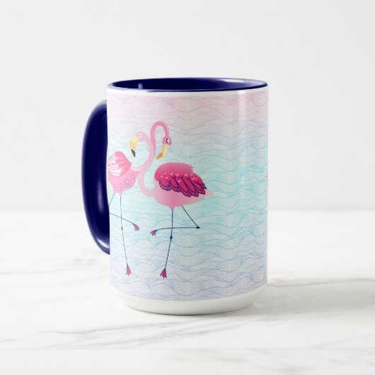 Kute roze vlamingos op piepende braadgolven mok (Voorkant links)