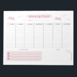 Kute roze weekblad notitieblok<br><div class="desc">Deze wekelijkse planner heeft ruimte om van maandag tot en met vrijdag uw werk te schrijven en een plaats om uw wekelijkse doelstellingen en notities op te schrijven. Het heeft een schattig roze ontwerp. Je kunt dit ook gebruiken als boodschappenlijstje of voor school!</div>