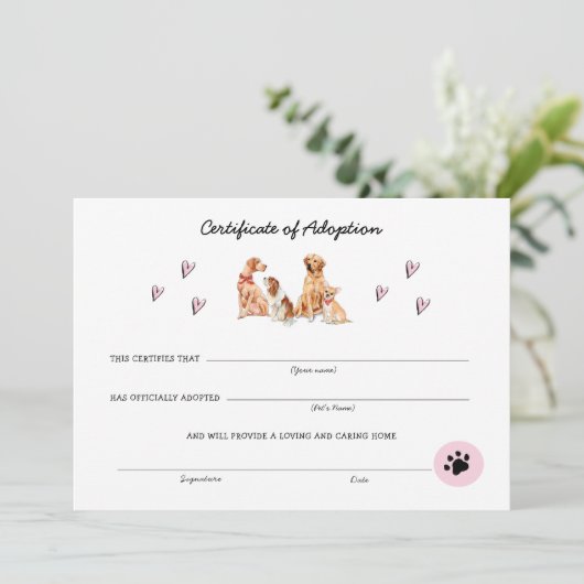 Kute roze & White Puppy Adoption Certificate (Staand voorkant)